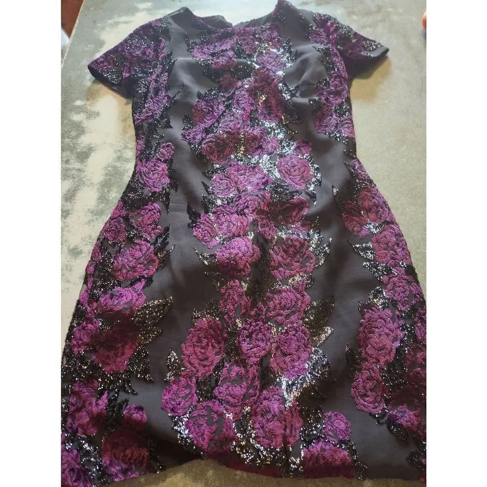 Dress the Population purple and black rose Party dress sz Small